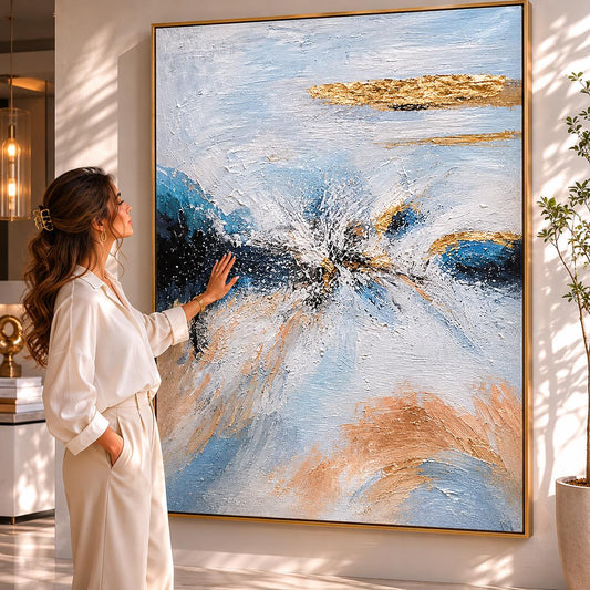 Textured Blue Gold Abstract Painting, Contemporary Impasto Canvas Art