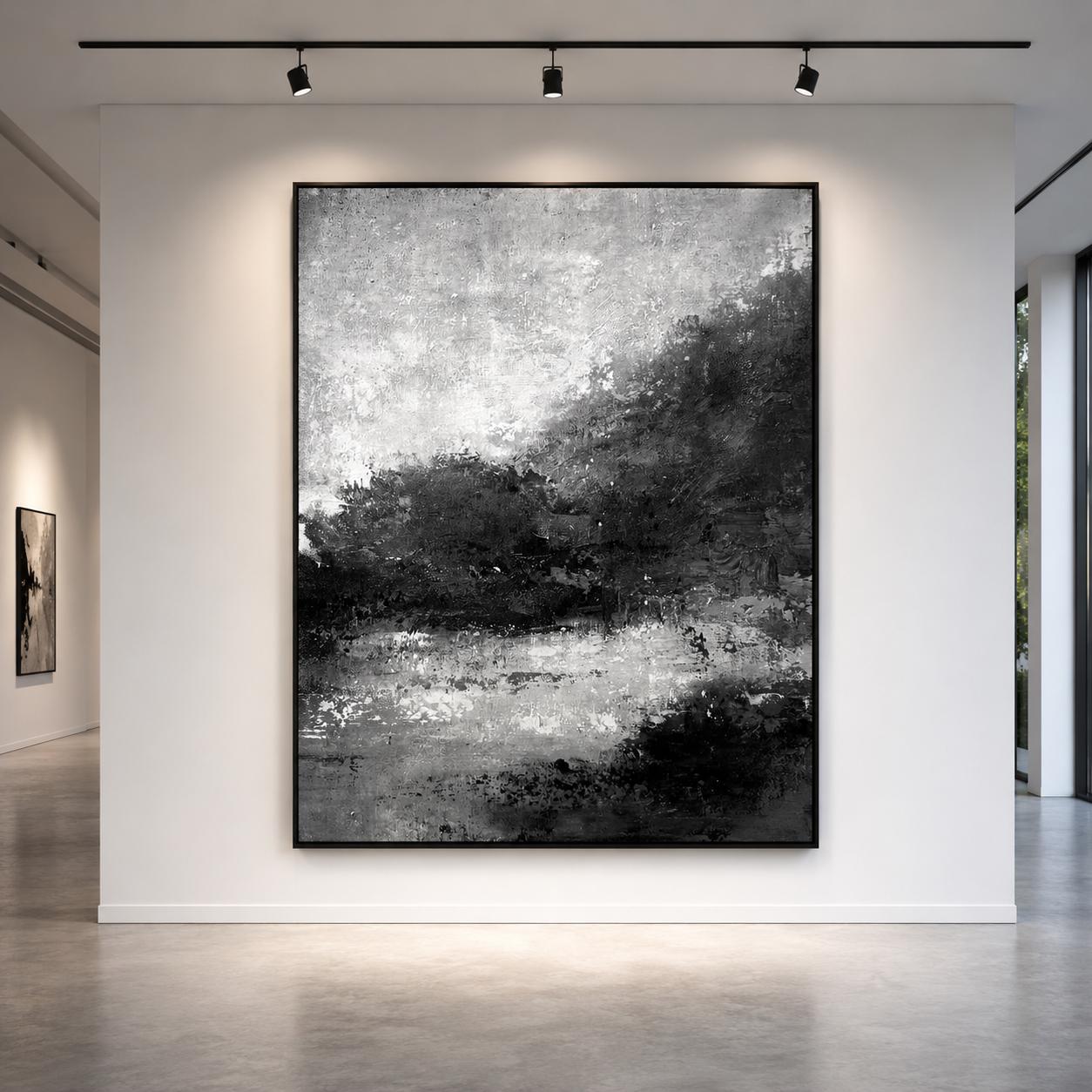 Textured Black White Abstract Landscape Painting, Monochrome Canvas Art, Modern Neutral Decor