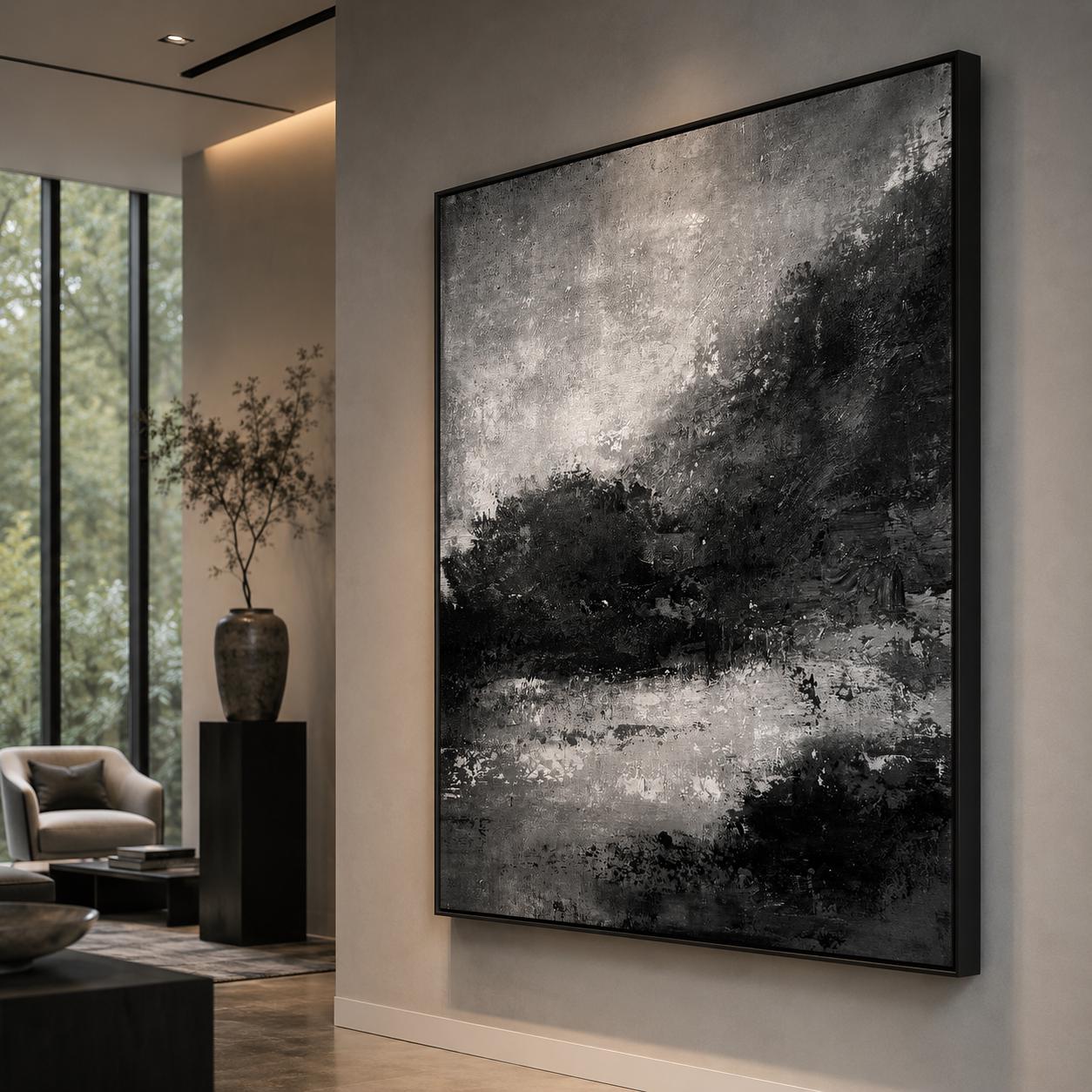 Textured Black White Abstract Landscape Painting, Monochrome Canvas Art, Modern Neutral Decor