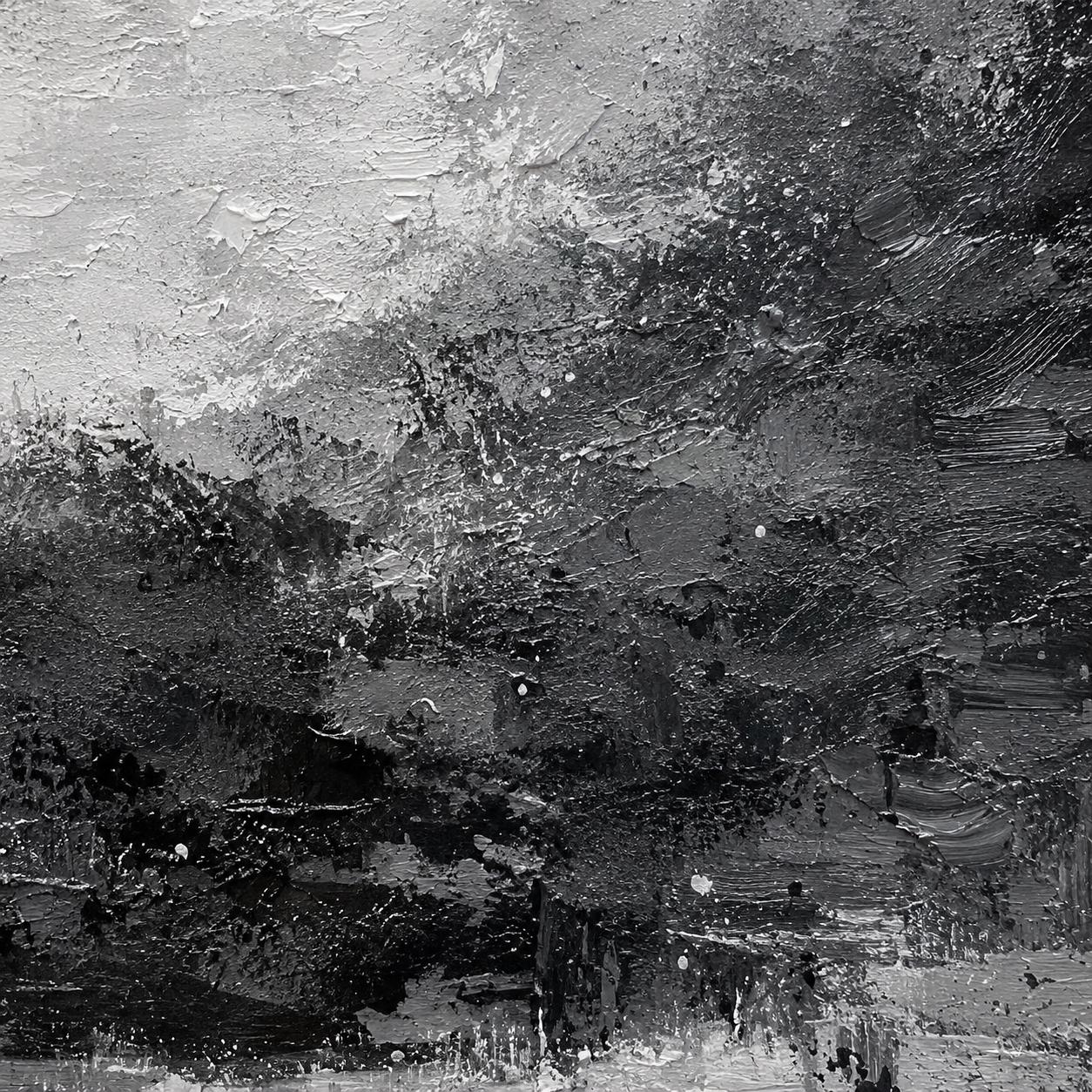 Textured Black White Abstract Landscape Painting, Monochrome Canvas Art, Modern Neutral Decor