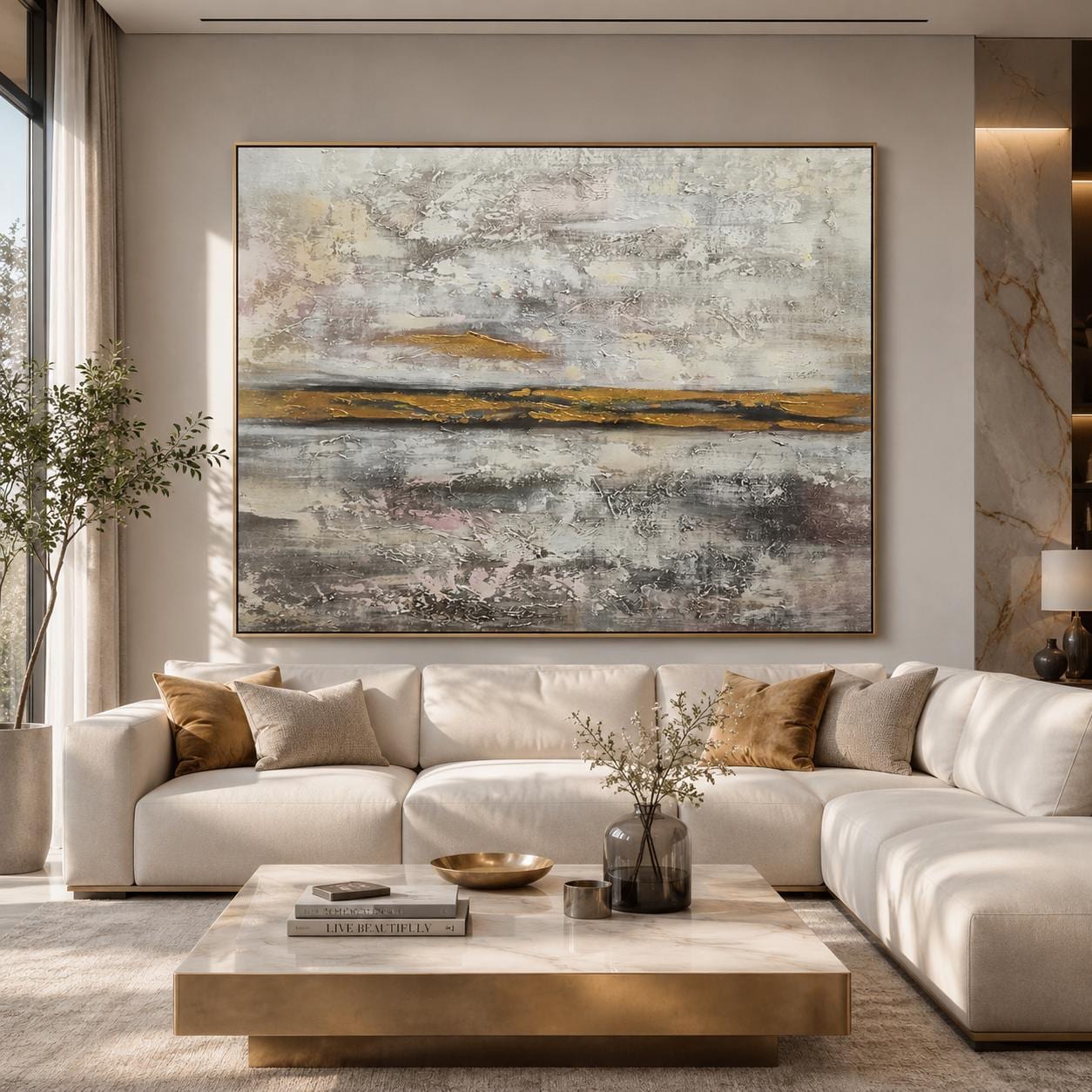 Gold Horizon Abstract Textured Canvas Art, Neutral Luxury Landscape Painting