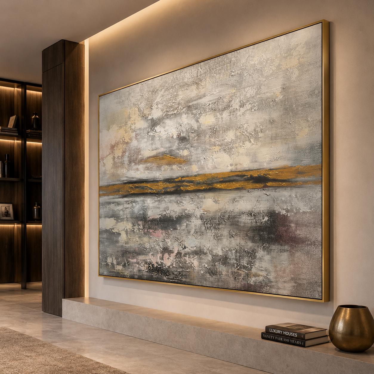 Gold Horizon Abstract Textured Canvas Art, Neutral Luxury Landscape Painting
