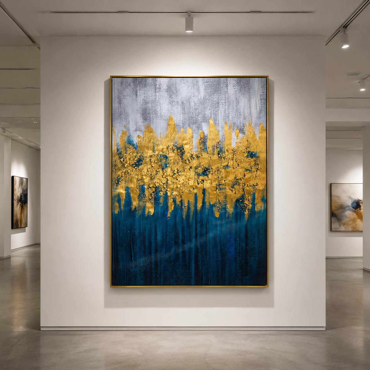 Textured Blue Gold Abstract Canvas Art, Modern Navy Wall Decor