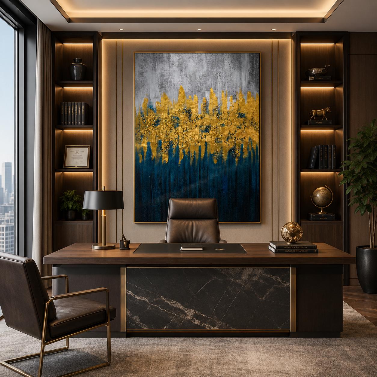 Textured Blue Gold Abstract Canvas Art, Modern Navy Wall Decor
