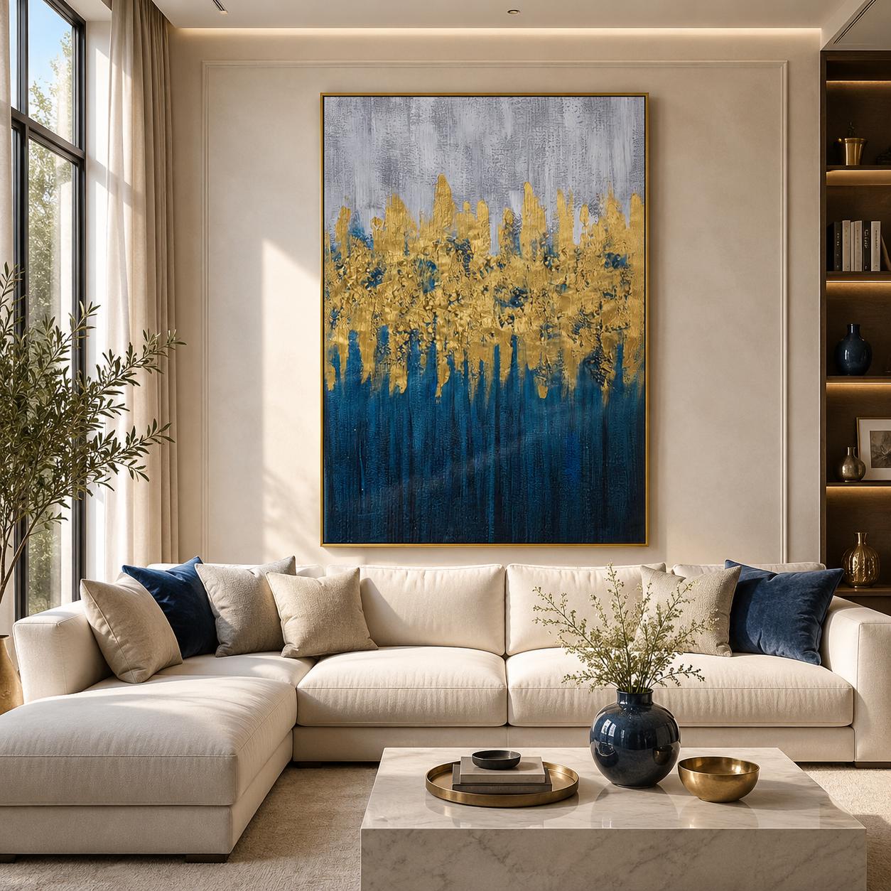 Textured Blue Gold Abstract Canvas Art, Modern Navy Wall Decor
