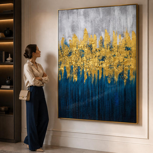Textured Blue Gold Abstract Canvas Art, Modern Navy Wall Decor