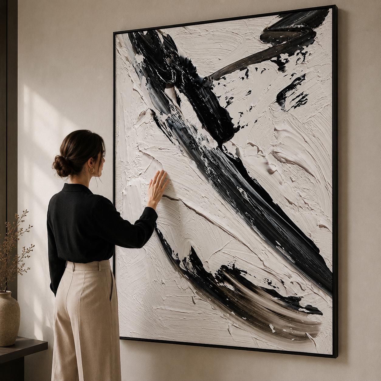 Textured Black White Abstract Canvas Art, Monochrome Palette Knife Wall Decor