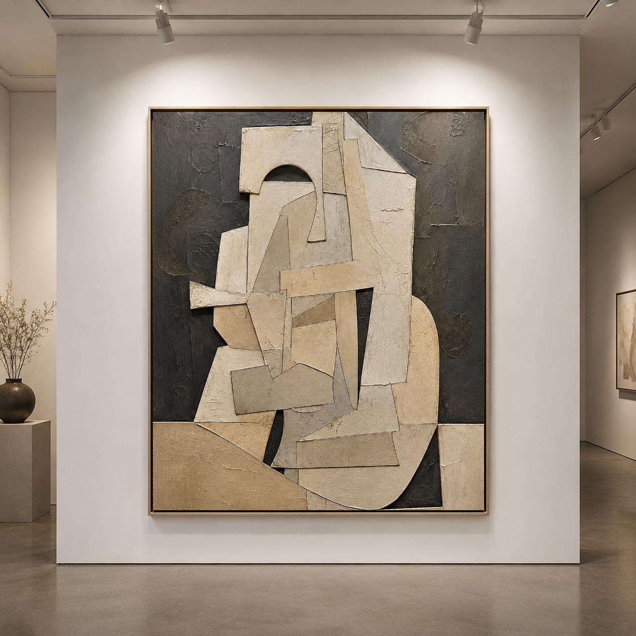Textured Cubist Abstract Painting, Neutral Geometric Wall Art, Beige Contemporary Canvas