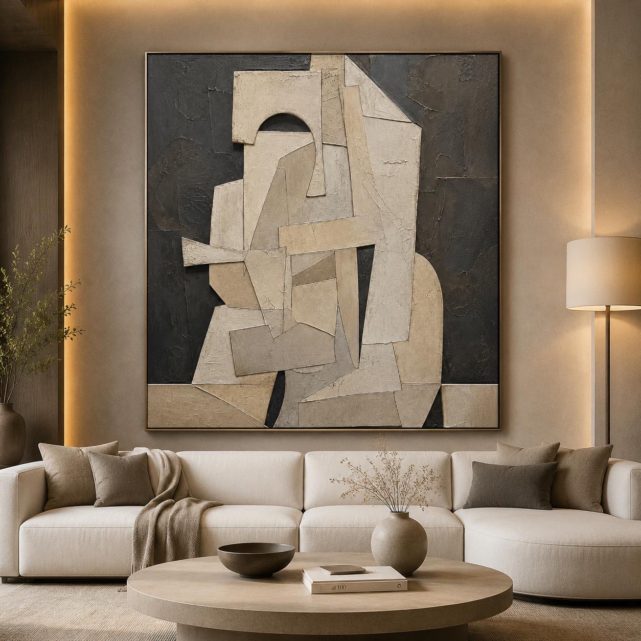 Textured Cubist Abstract Painting, Neutral Geometric Wall Art, Beige Contemporary Canvas
