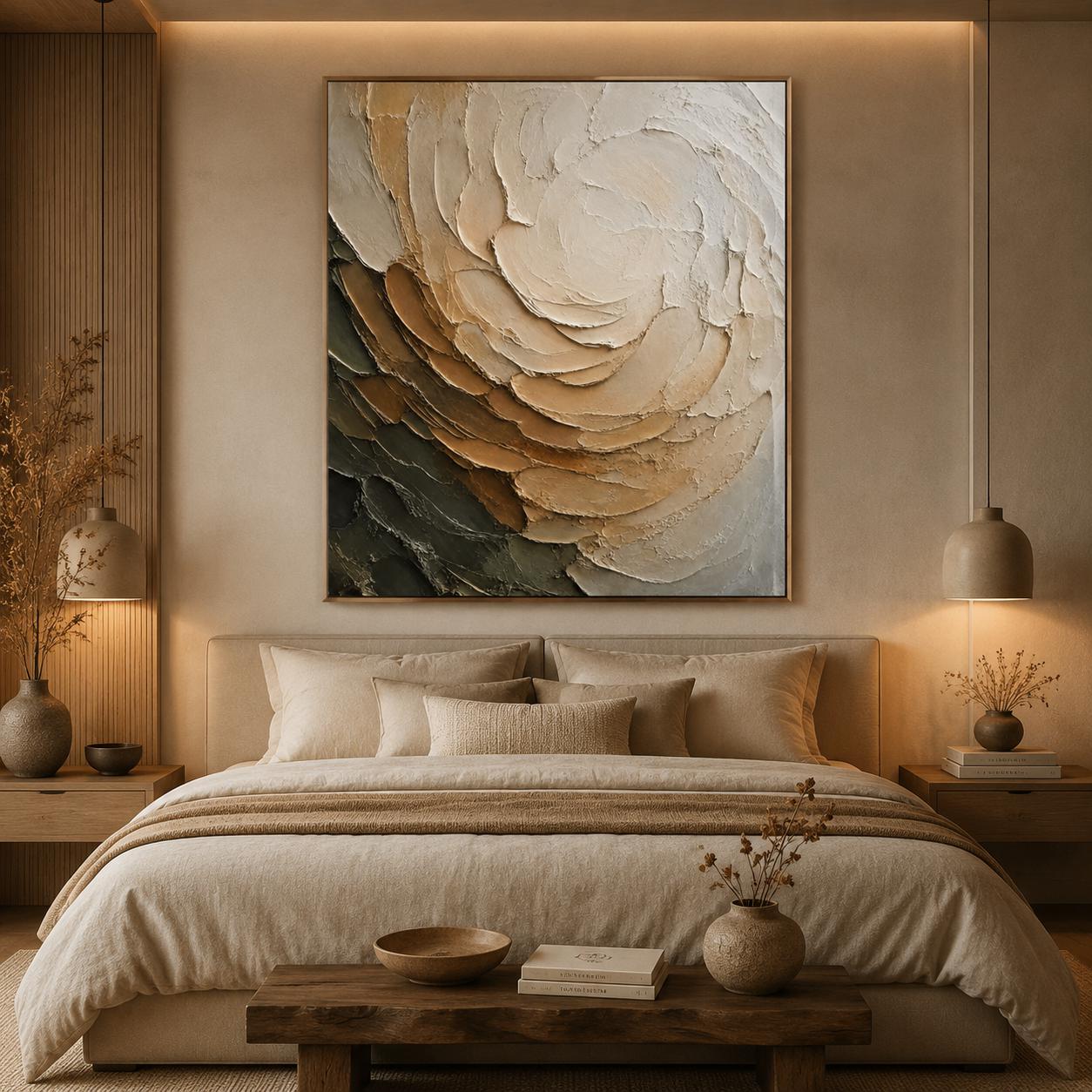 Neutral Floral Impasto Canvas Art, Beige Rose Sculptural Painting, Botanical Abstract Decor
