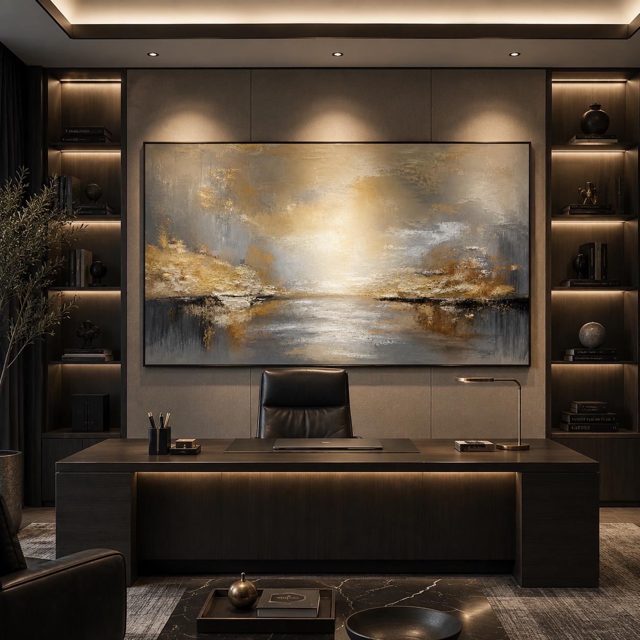 Abstract Landscape Painting, Textured Gold Wall Art, Beige Gray Impasto Canvas
