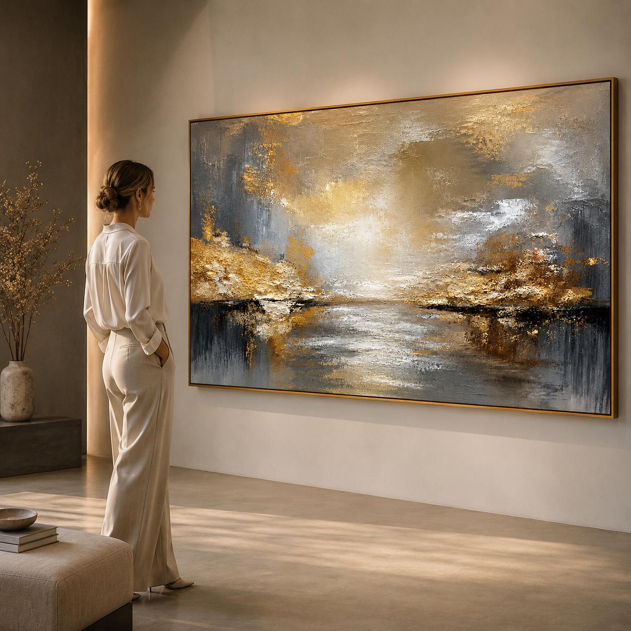 Abstract Landscape Painting, Textured Gold Wall Art, Beige Gray Impasto Canvas