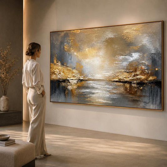 Abstract Landscape Painting, Textured Gold Wall Art, Beige Gray Impasto Canvas