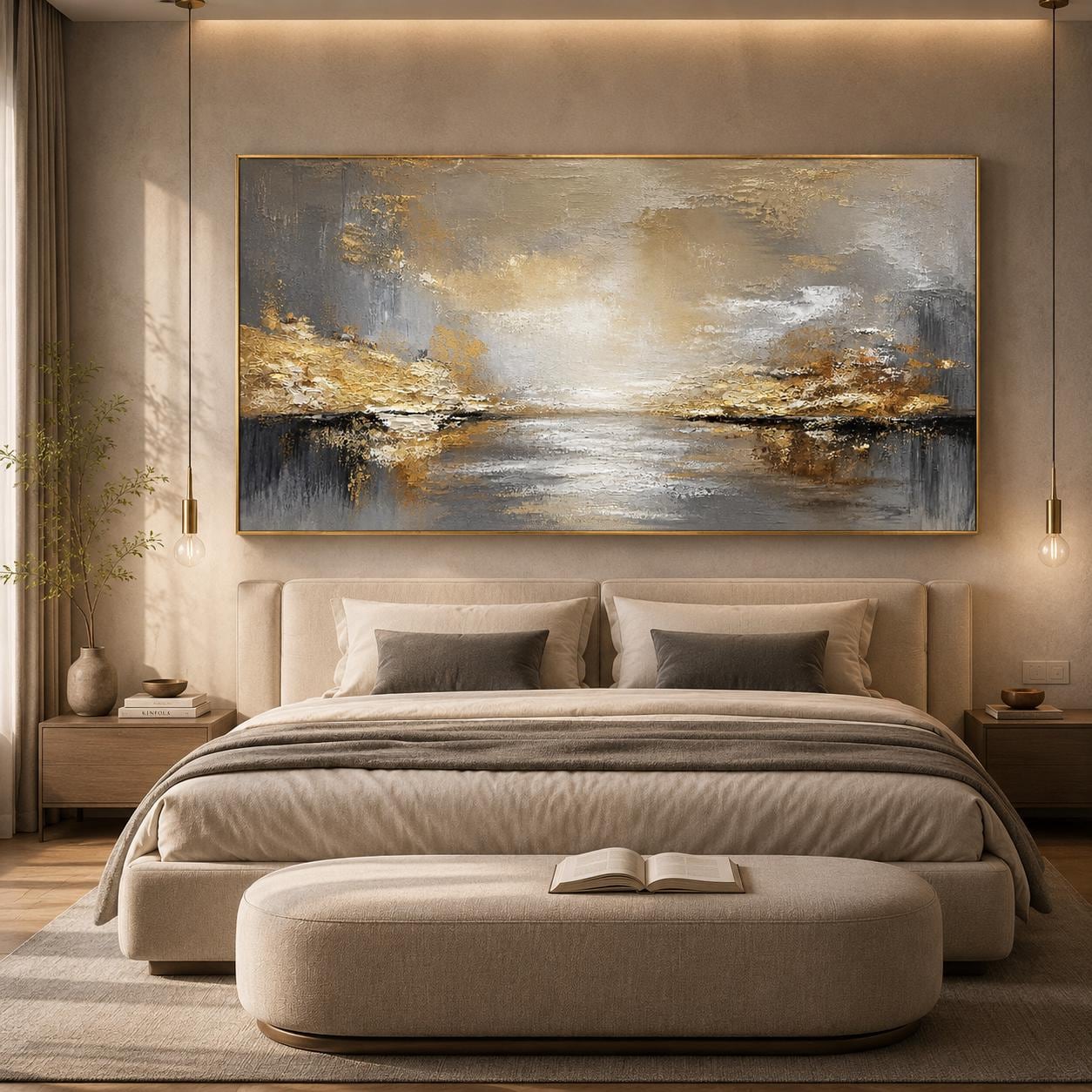 Abstract Landscape Painting, Textured Gold Wall Art, Beige Gray Impasto Canvas