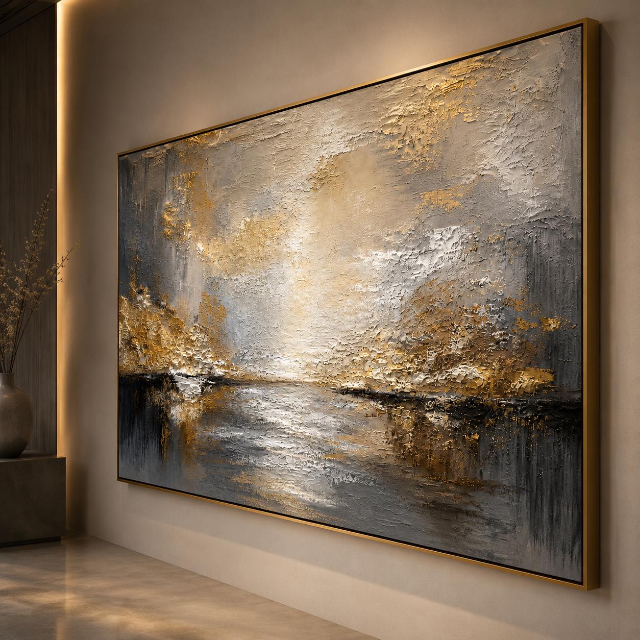 Abstract Landscape Painting, Textured Gold Wall Art, Beige Gray Impasto Canvas