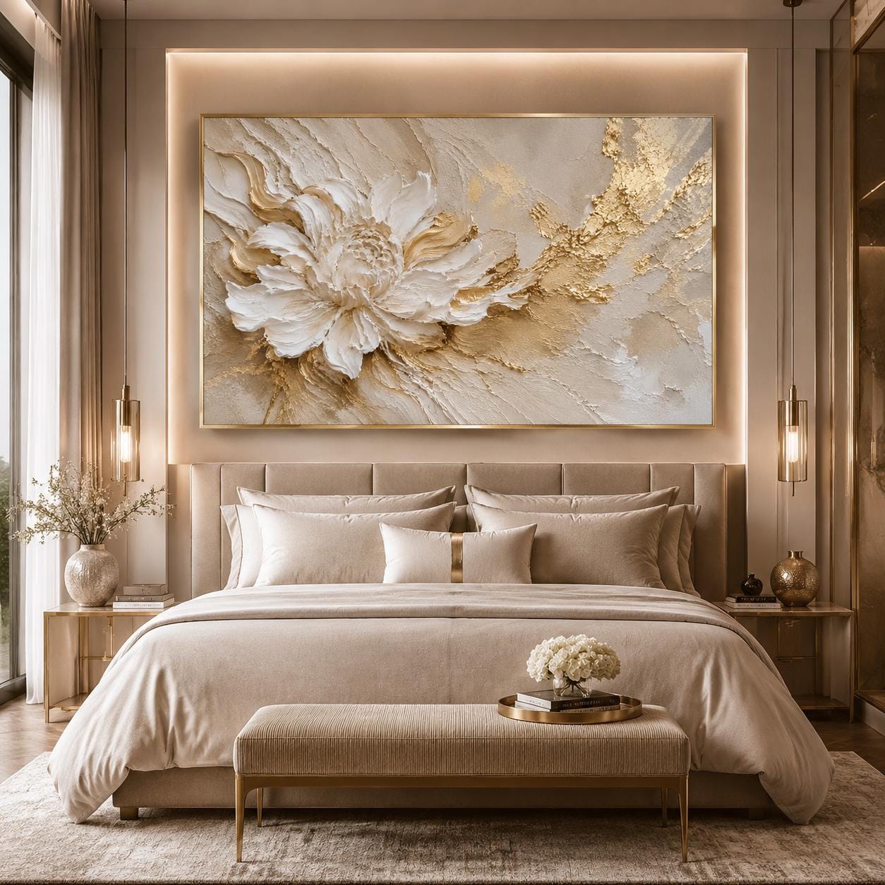 White Gold Floral Textured Canvas Art, Luxury Neutral Abstract Painting, Sculptural Flower Decor