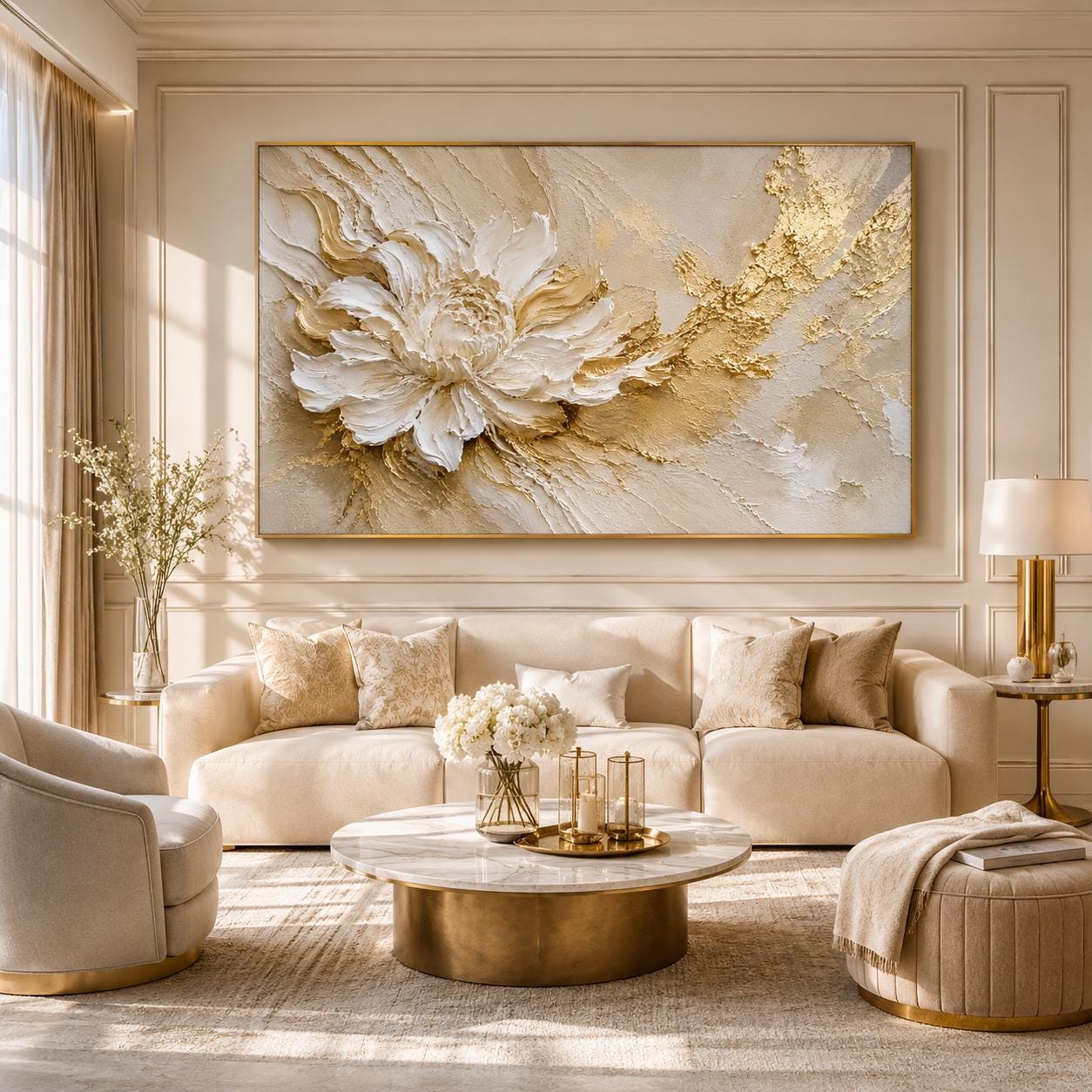 White Gold Floral Textured Canvas Art, Luxury Neutral Abstract Painting, Sculptural Flower Decor