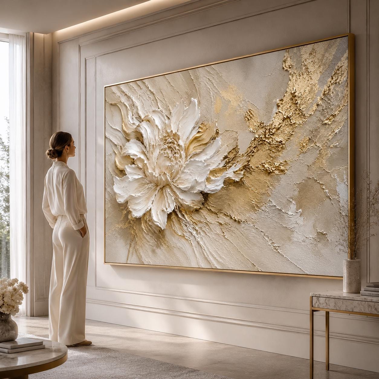 White Gold Floral Textured Canvas Art, Luxury Neutral Abstract Painting, Sculptural Flower Decor