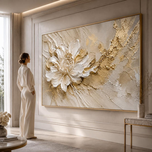 White Gold Floral Textured Canvas Art, Luxury Neutral Abstract Painting, Sculptural Flower Decor