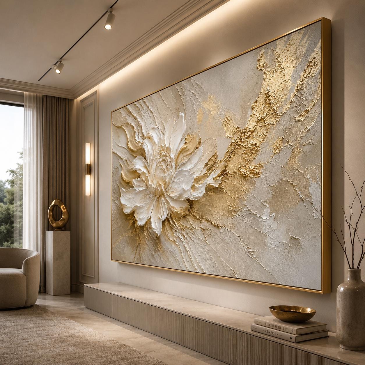 White Gold Floral Textured Canvas Art, Luxury Neutral Abstract Painting, Sculptural Flower Decor