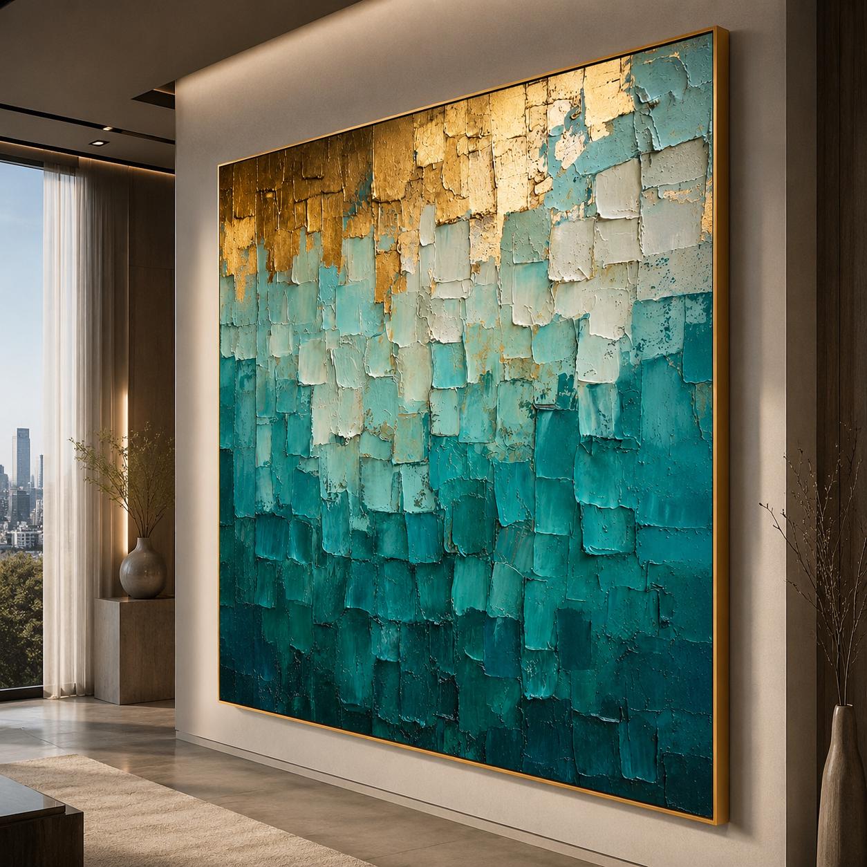 Textured Teal Gold Abstract Canvas Painting, Modern Coastal Ocean Artwork