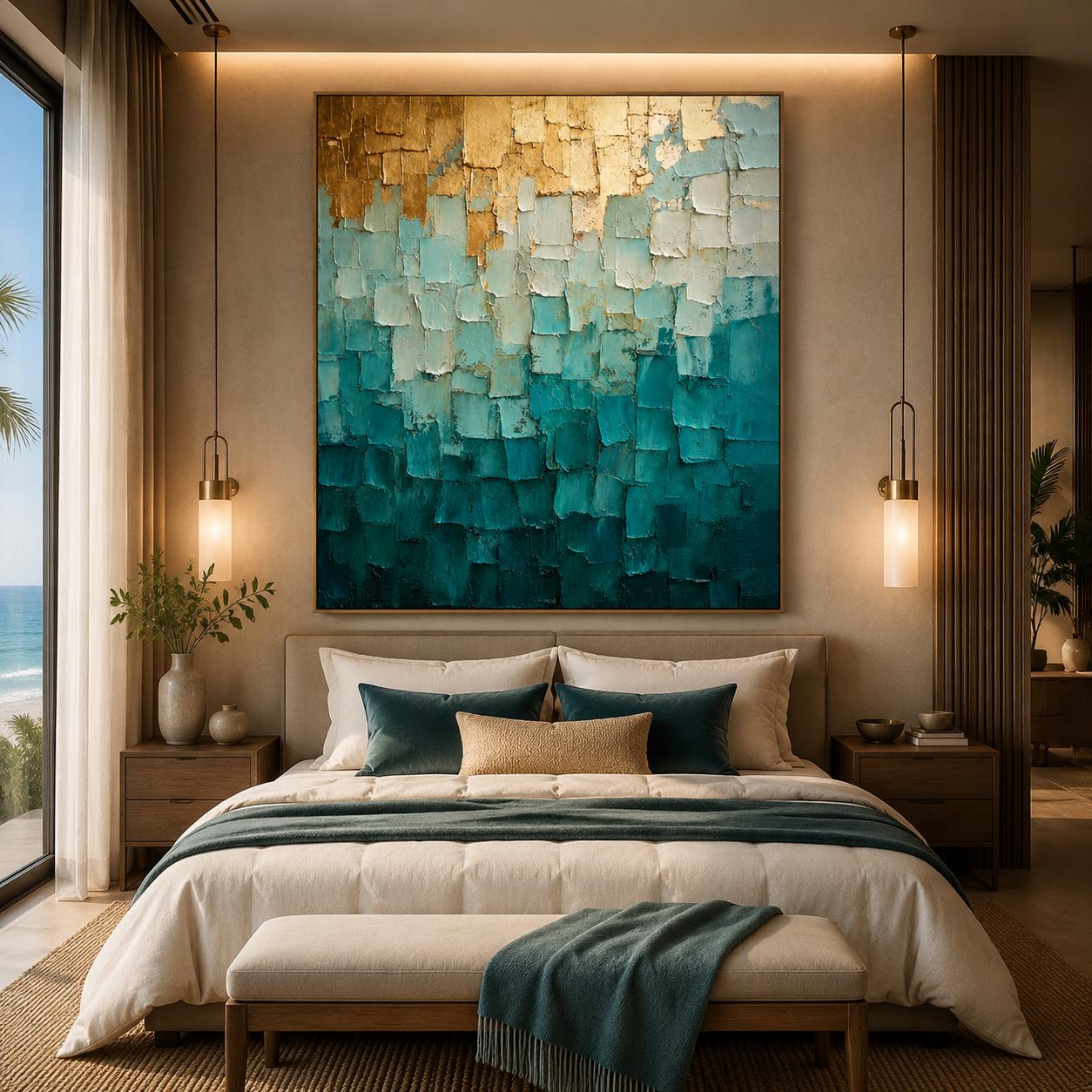 Textured Teal Gold Abstract Canvas Painting, Modern Coastal Ocean Artwork