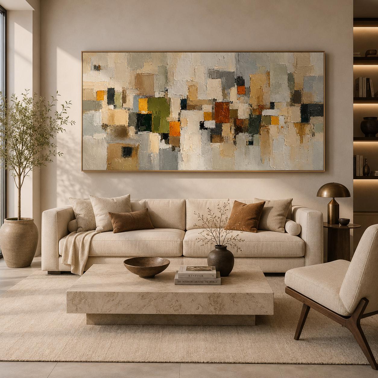 Textured Geometric Abstract Painting, Neutral Beige Gray Canvas, Modern Minimalist Wall Decor