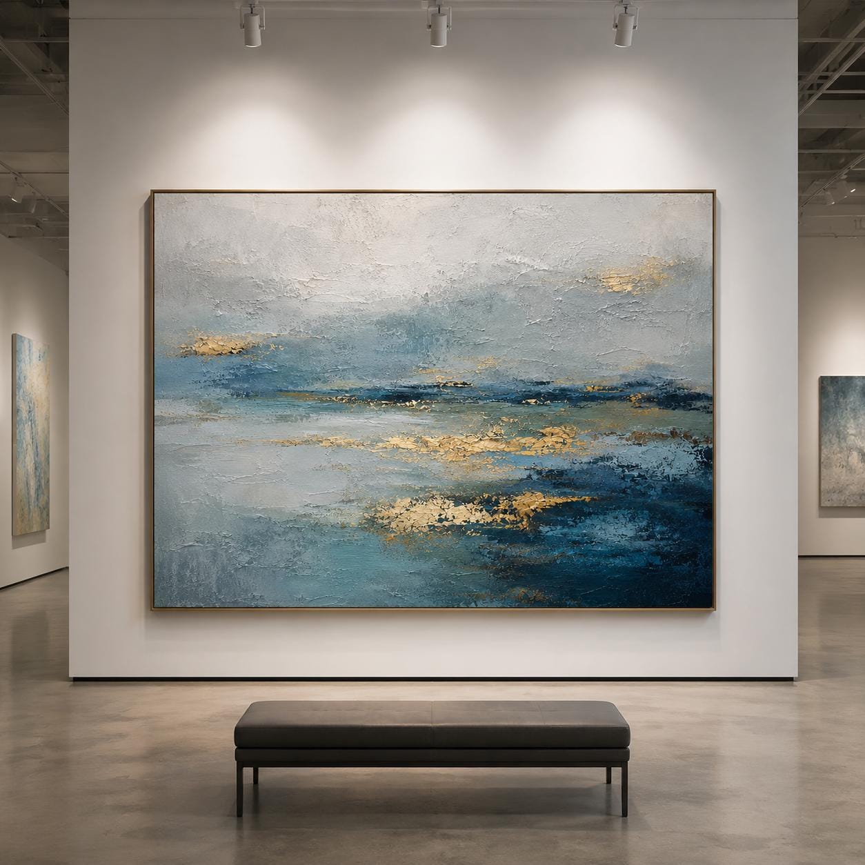 Textured Blue Gold Abstract Seascape Painting, Coastal Canvas Art, Ocean Wall Decor