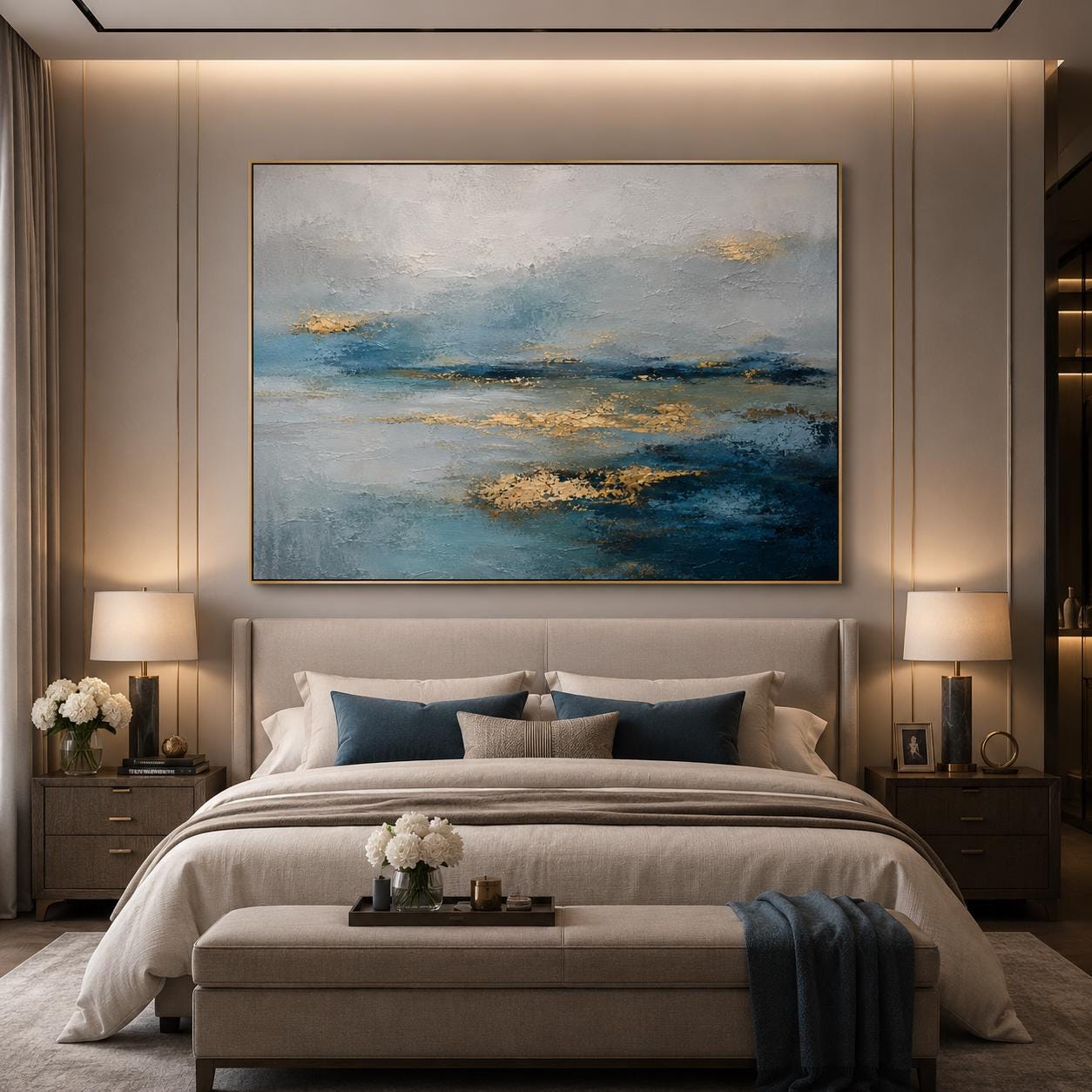 Textured Blue Gold Abstract Seascape Painting, Coastal Canvas Art, Ocean Wall Decor