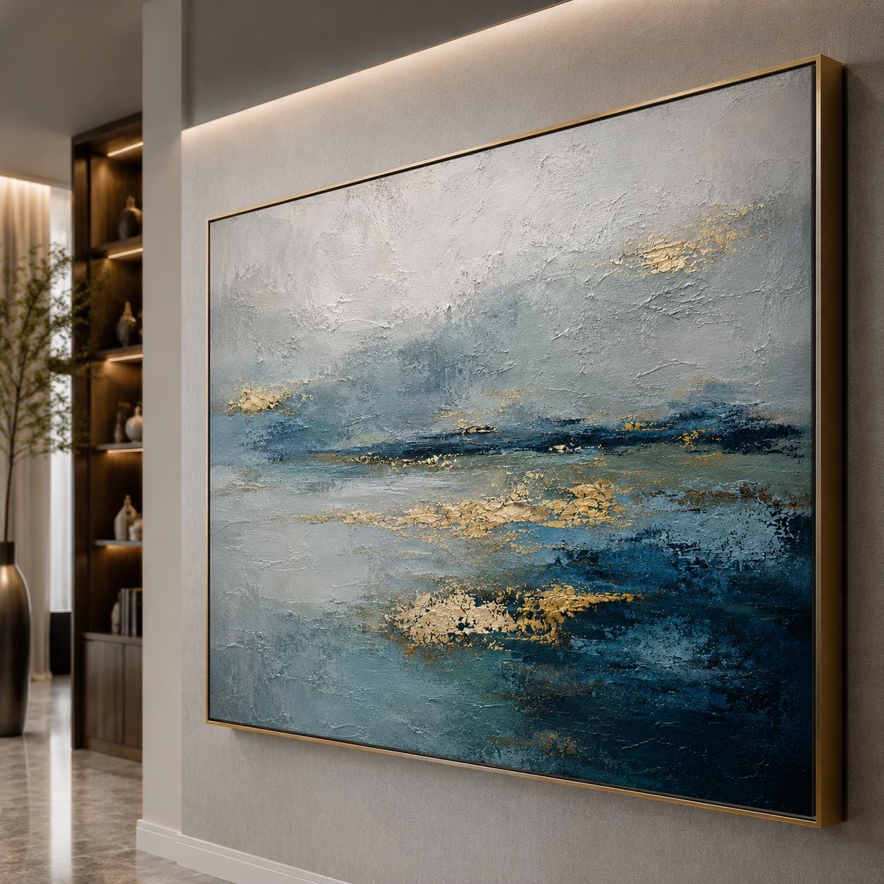 Textured Blue Gold Abstract Seascape Painting, Coastal Canvas Art, Ocean Wall Decor