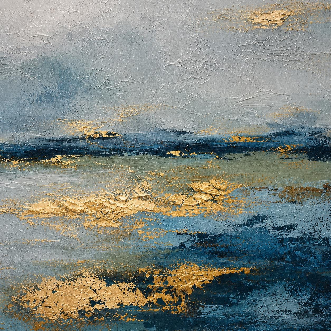 Textured Blue Gold Abstract Seascape Painting, Coastal Canvas Art, Ocean Wall Decor