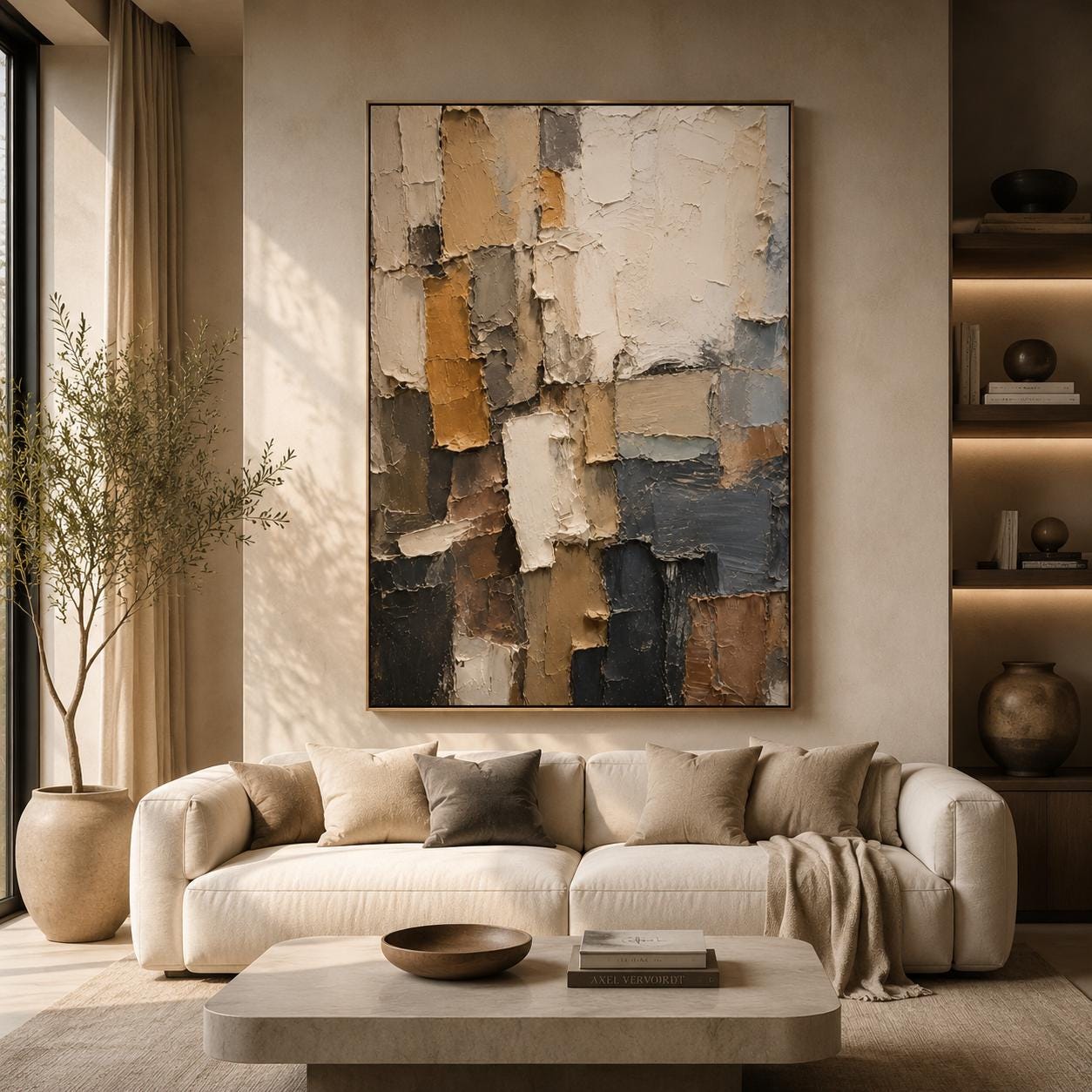 Textured Abstract Painting, Earth Tone Geometric Canvas Art, Modern Beige Brown Home Decor