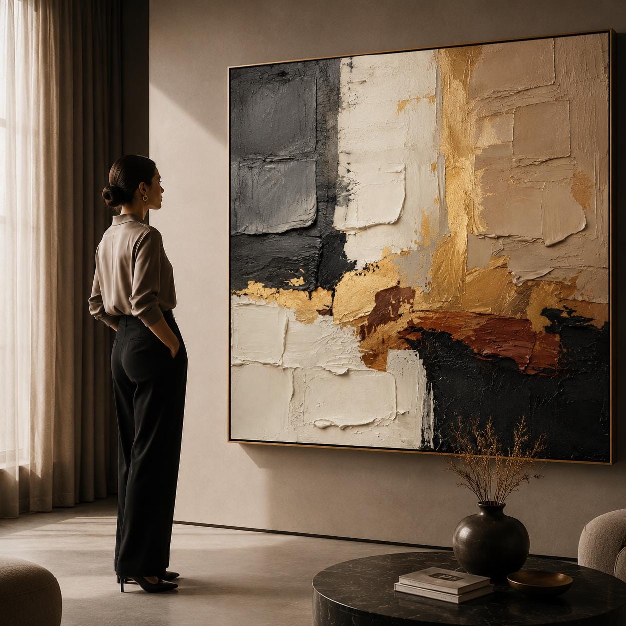Textured Gold Black Abstract Canvas Art, Earth Tone Luxury Wall Deco