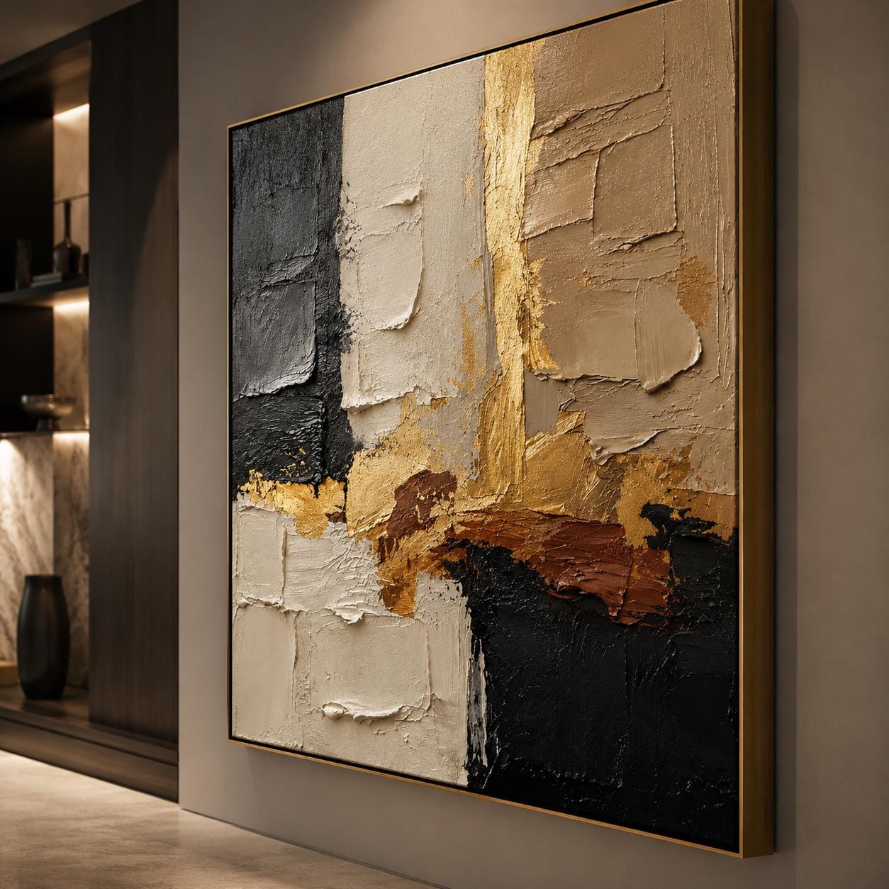 Textured Gold Black Abstract Canvas Art, Earth Tone Luxury Wall Deco