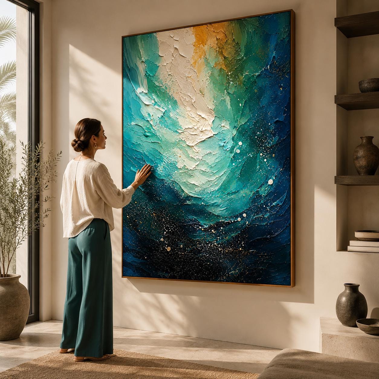Textured Teal Gold Abstract Ocean Canvas Art, Modern Luxury Painting