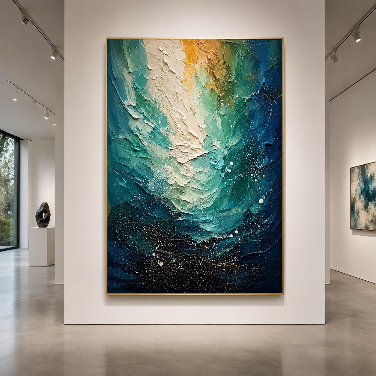 Textured Teal Gold Abstract Ocean Canvas Art, Modern Luxury Painting