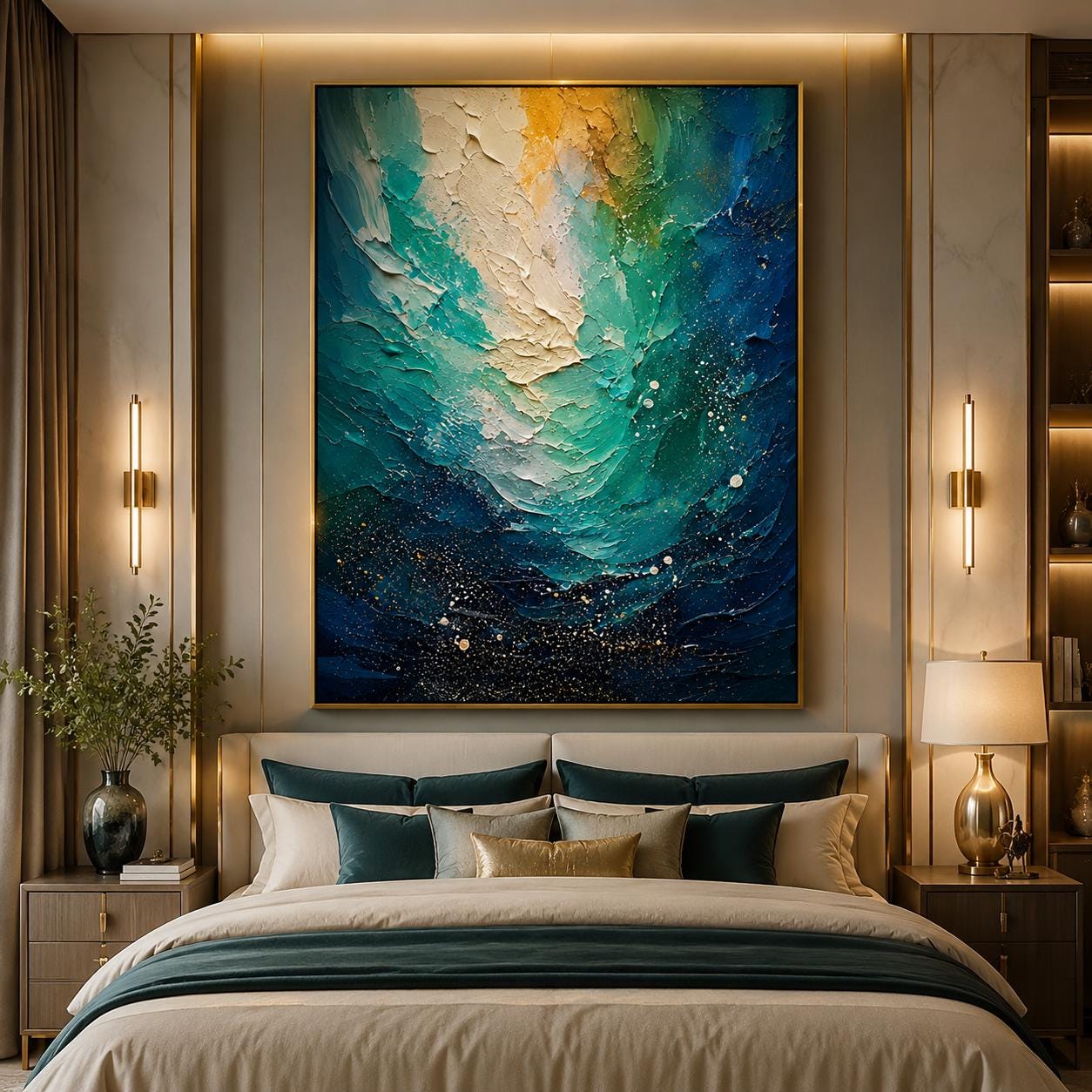Textured Teal Gold Abstract Ocean Canvas Art, Modern Luxury Painting