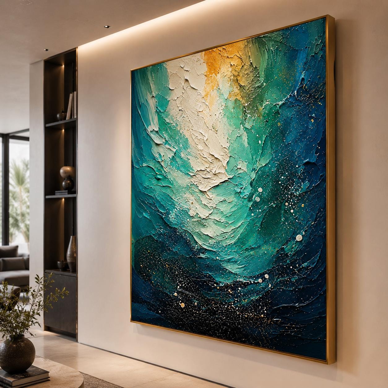 Textured Teal Gold Abstract Ocean Canvas Art, Modern Luxury Painting