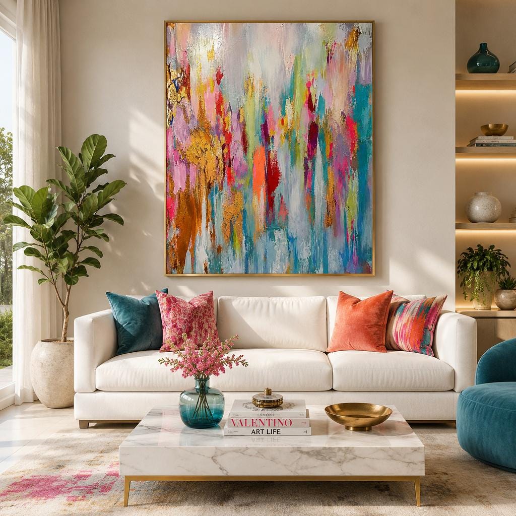 Large Textured Abstract Painting, Original Canvas Art, Gold Leaf Pink Blue, Impasto Wall Decor