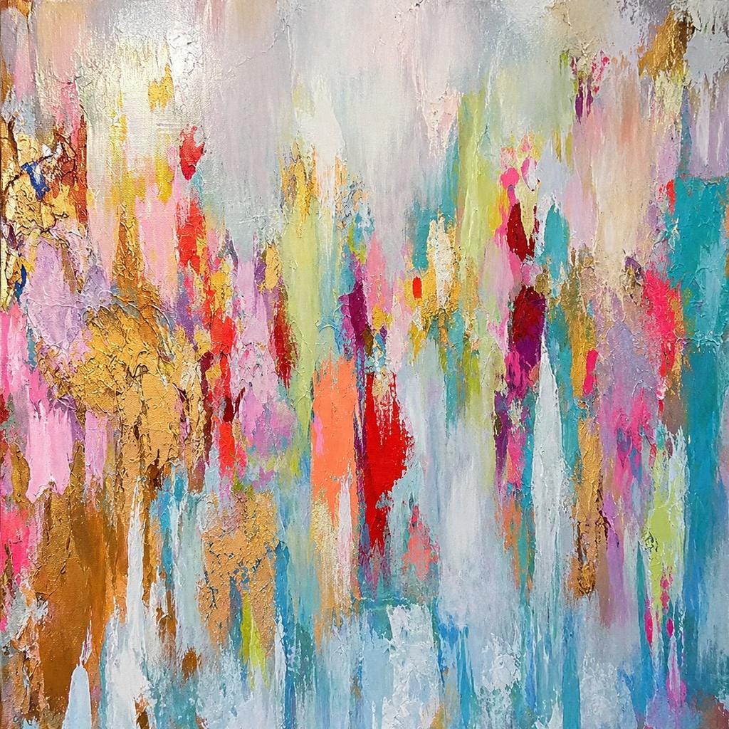 Large Textured Abstract Painting, Original Canvas Art, Gold Leaf Pink Blue, Impasto Wall Decor