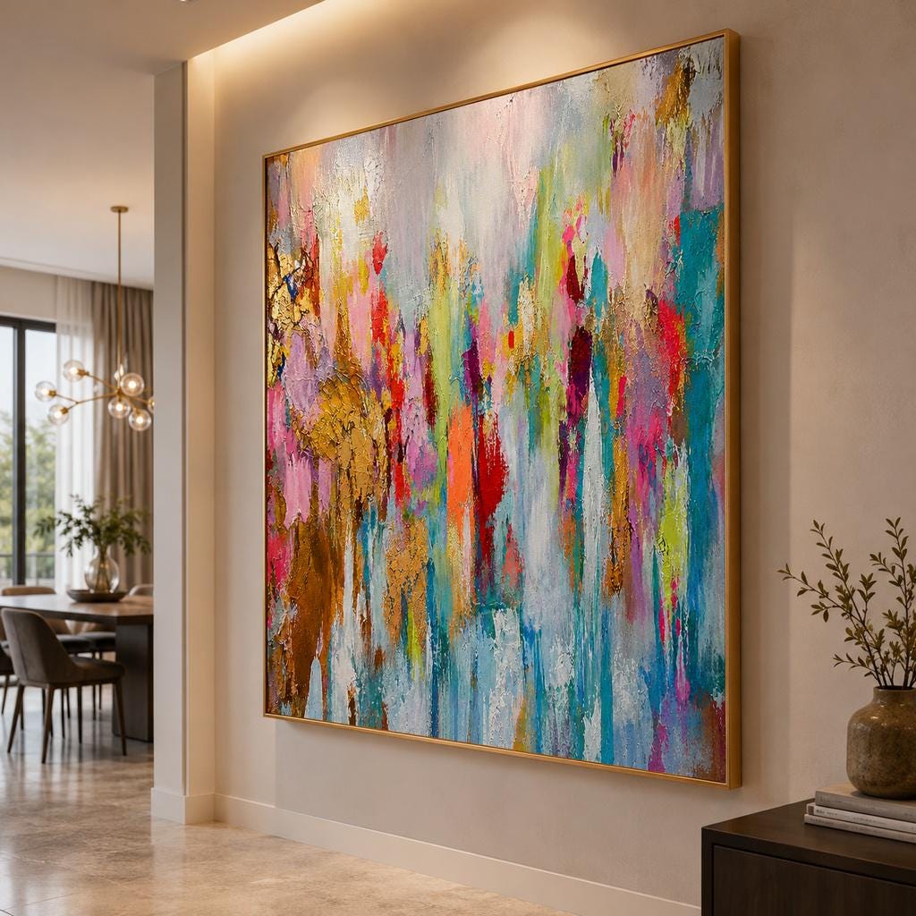 Large Textured Abstract Painting, Original Canvas Art, Gold Leaf Pink Blue, Impasto Wall Decor