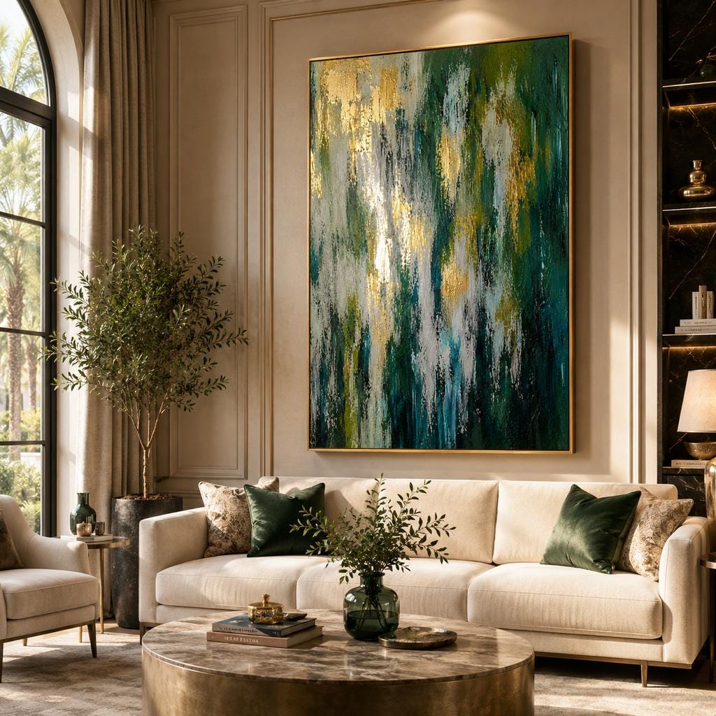 Emerald Green Textured Abstract Canvas Art, Gold Leaf Hand Painted Wall Decor