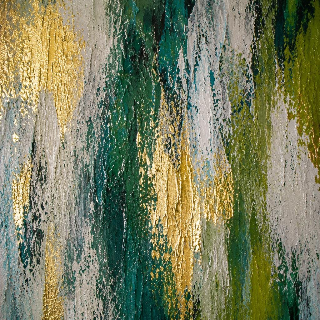 Emerald Green Textured Abstract Canvas Art, Gold Leaf Hand Painted Wall Decor