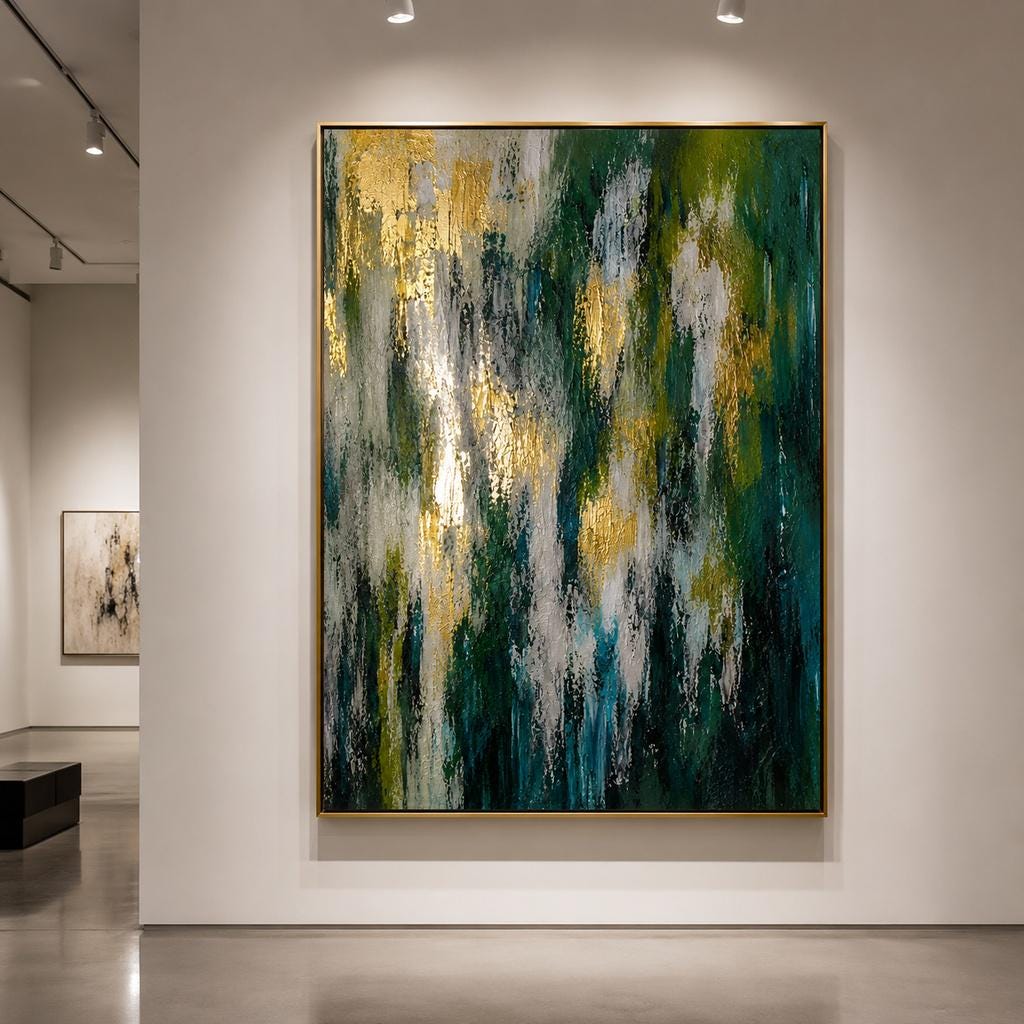 Emerald Green Textured Abstract Canvas Art, Gold Leaf Hand Painted Wall Decor
