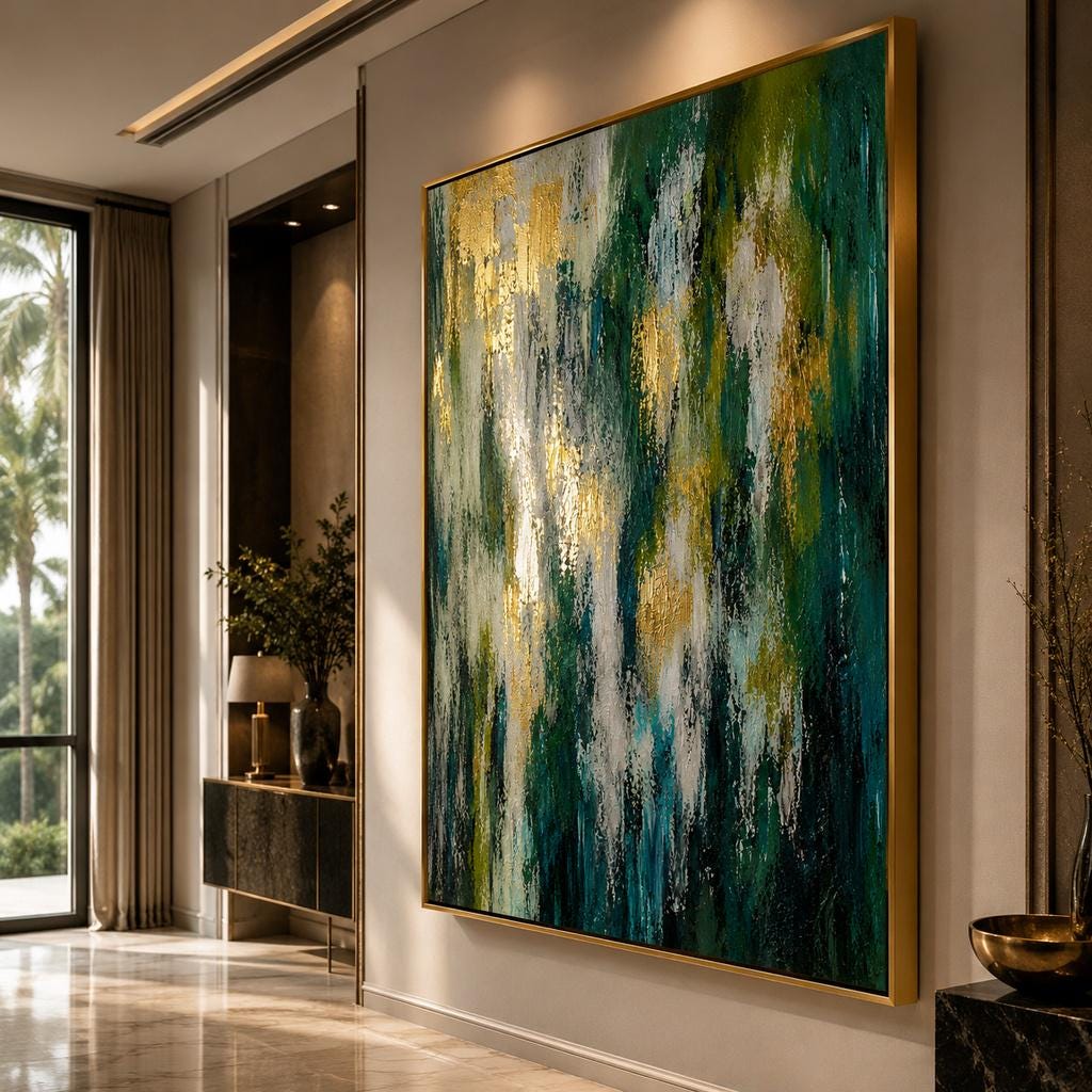 Emerald Green Textured Abstract Canvas Art, Gold Leaf Hand Painted Wall Decor