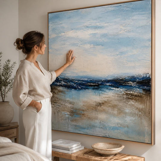 Textured Blue Ocean Abstract Painting, Large Acrylic Impasto Canvas Art, Modern Coastal Living Room Decor