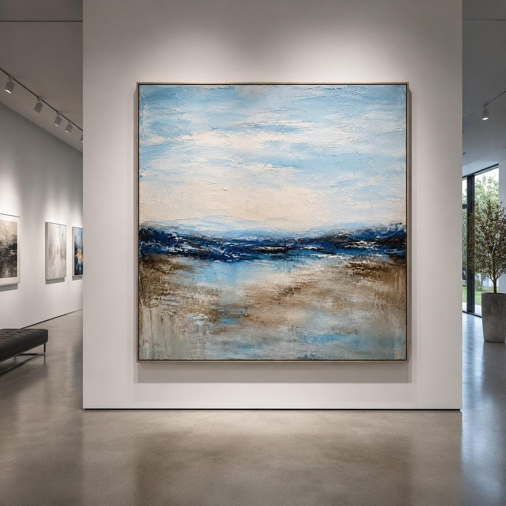Textured Blue Ocean Abstract Painting, Large Acrylic Impasto Canvas Art, Modern Coastal Living Room Decor