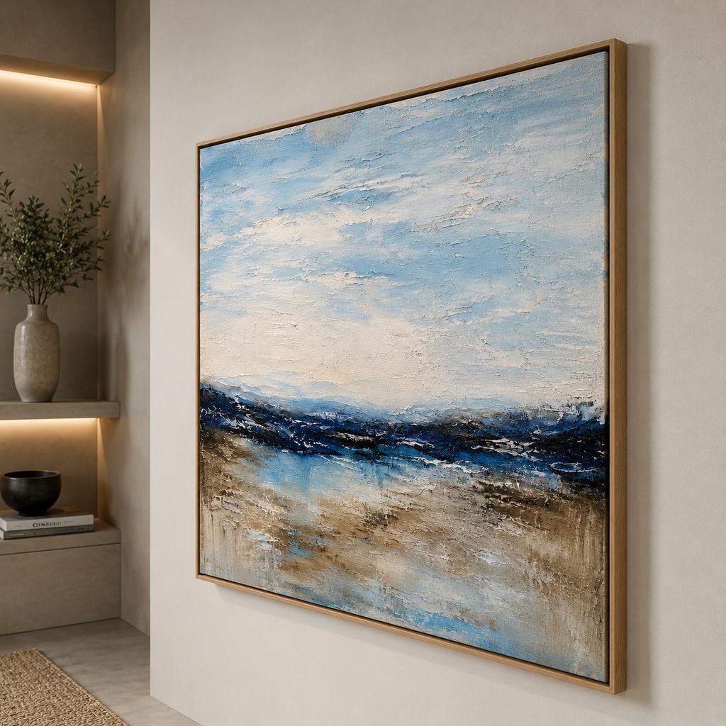 Textured Blue Ocean Abstract Painting, Large Acrylic Impasto Canvas Art, Modern Coastal Living Room Decor