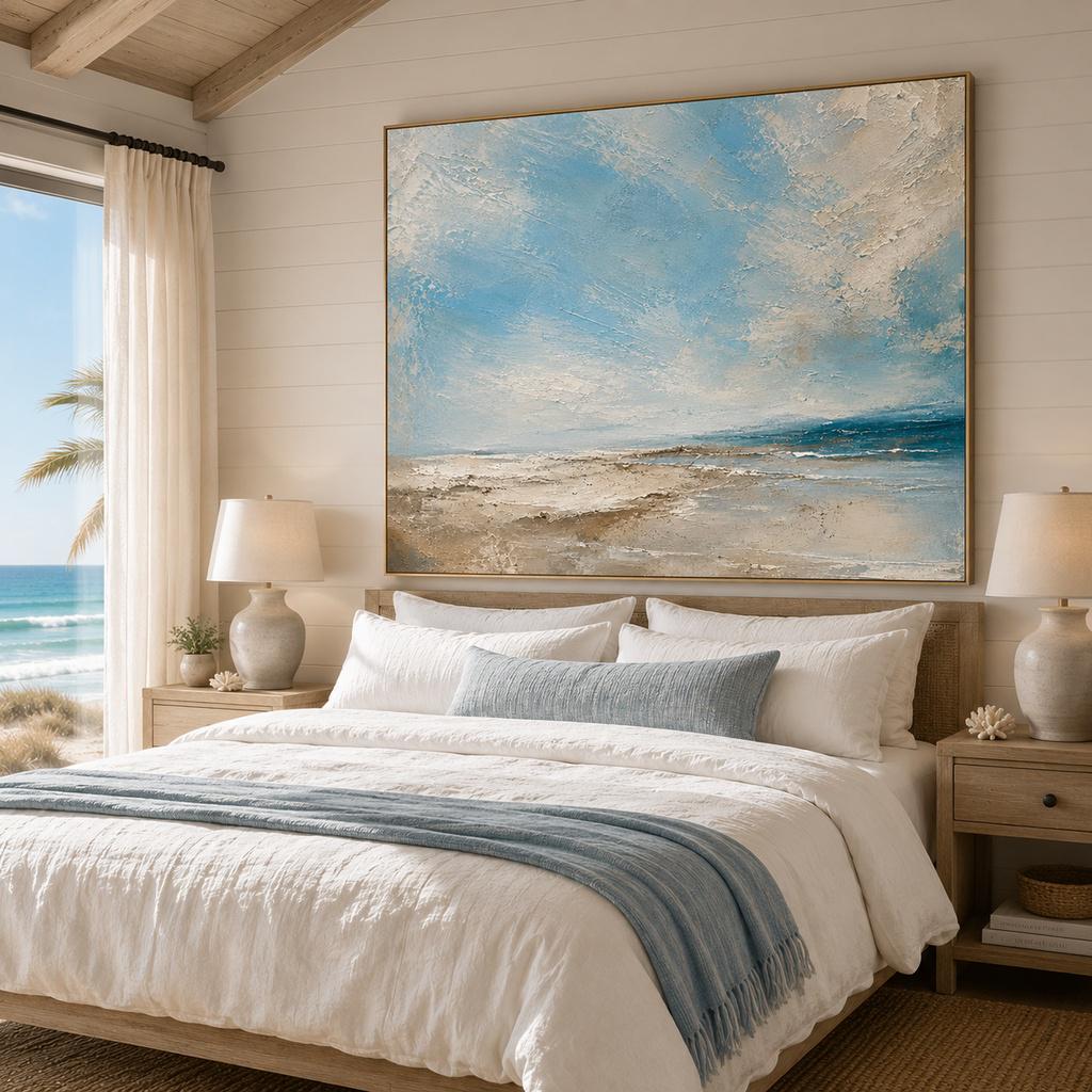 Coastal Textured Wall Art, Soft Blue & Sand Impasto Canvas, Beach House Japandi Living Room Decor
