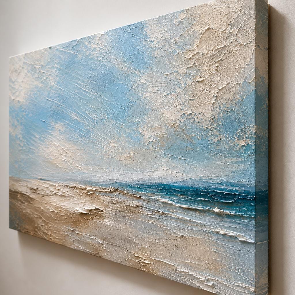 Coastal Textured Wall Art, Soft Blue & Sand Impasto Canvas, Beach House Japandi Living Room Decor